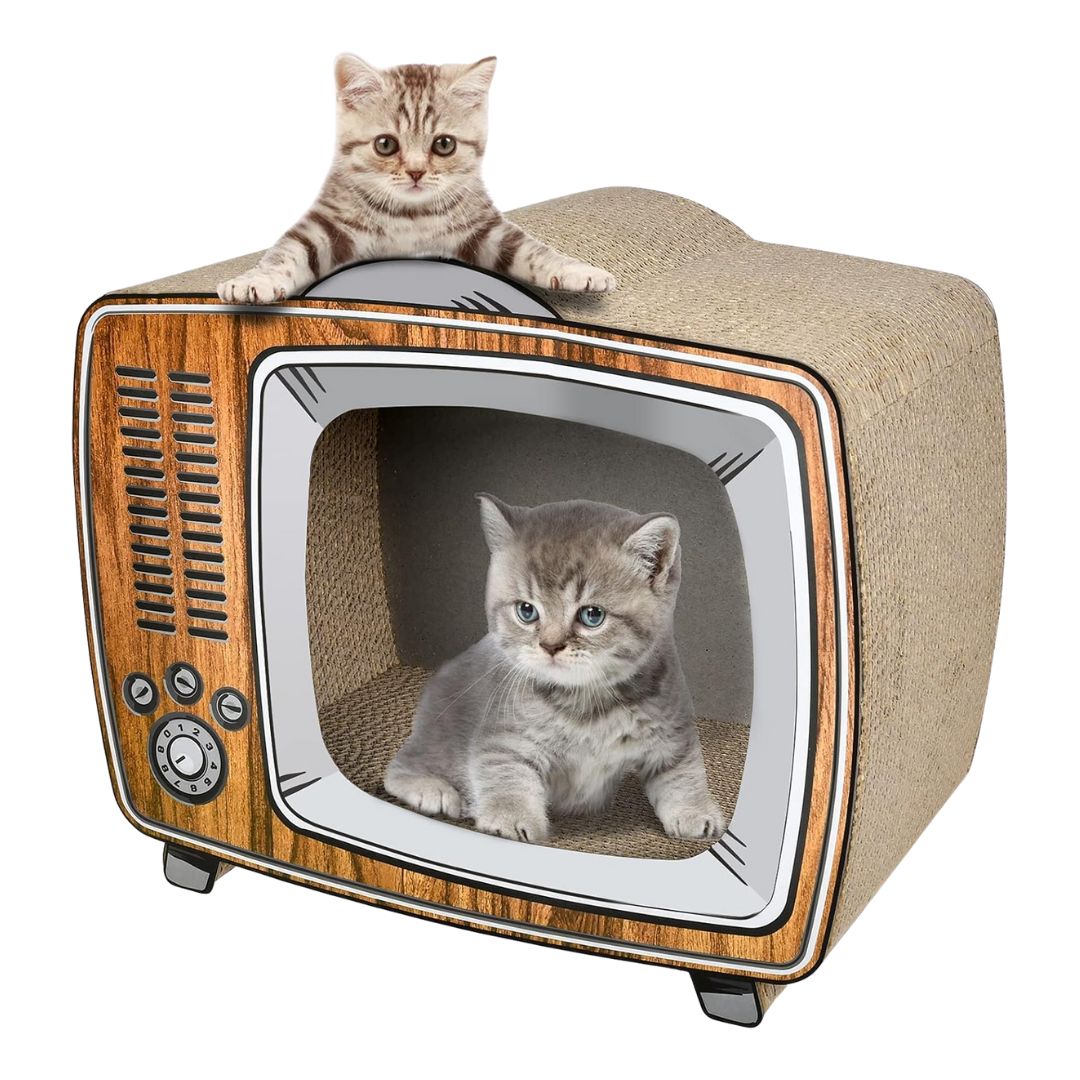 A retro TV-shaped cardboard cat scratcher house with a front opening, designed for cats to hide and scratch.