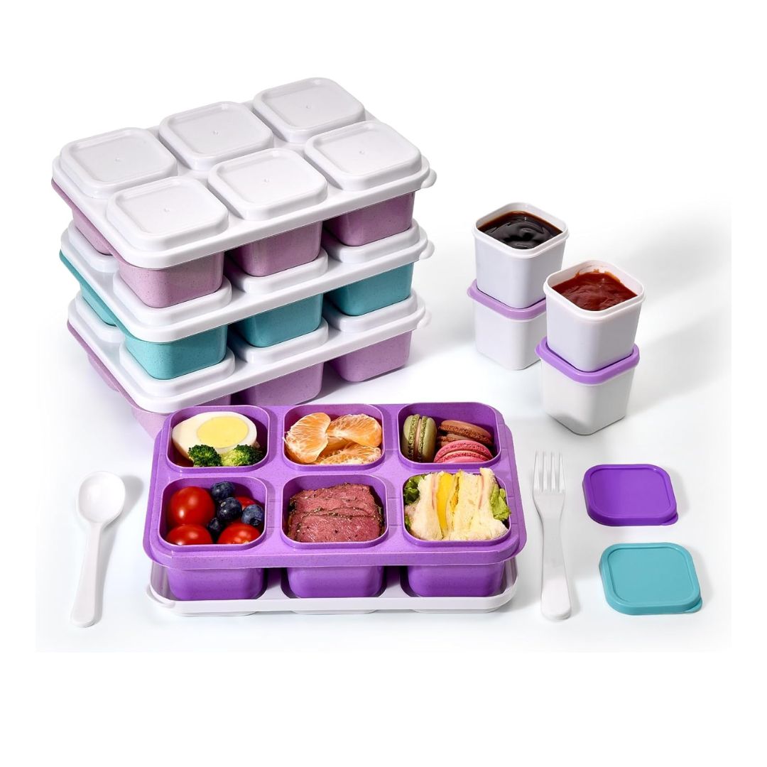 A set of stackable, multi-compartment bento lunch and snack containers with included sauce cups, fork, and spoon, shown in assorted bright and pastel colors, designed for kids and adults.