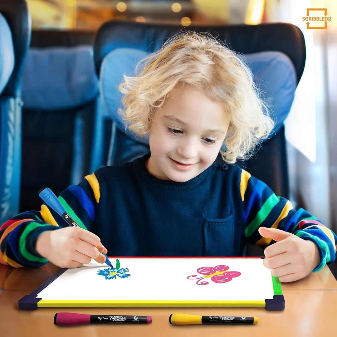 A portable magnetic whiteboard for kids with a colorful frame, designed for easy writing and erasing during travel.