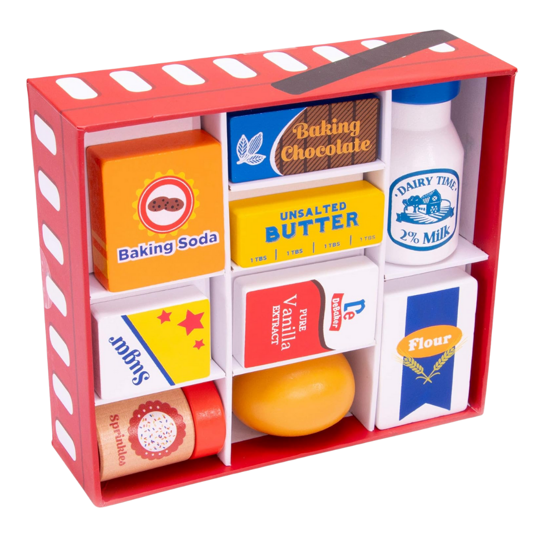 A wooden play food baking ingredient set with toy versions of baking soda, chocolate, milk, sugar, vanilla, flour, sprinkles, butter, and egg.
