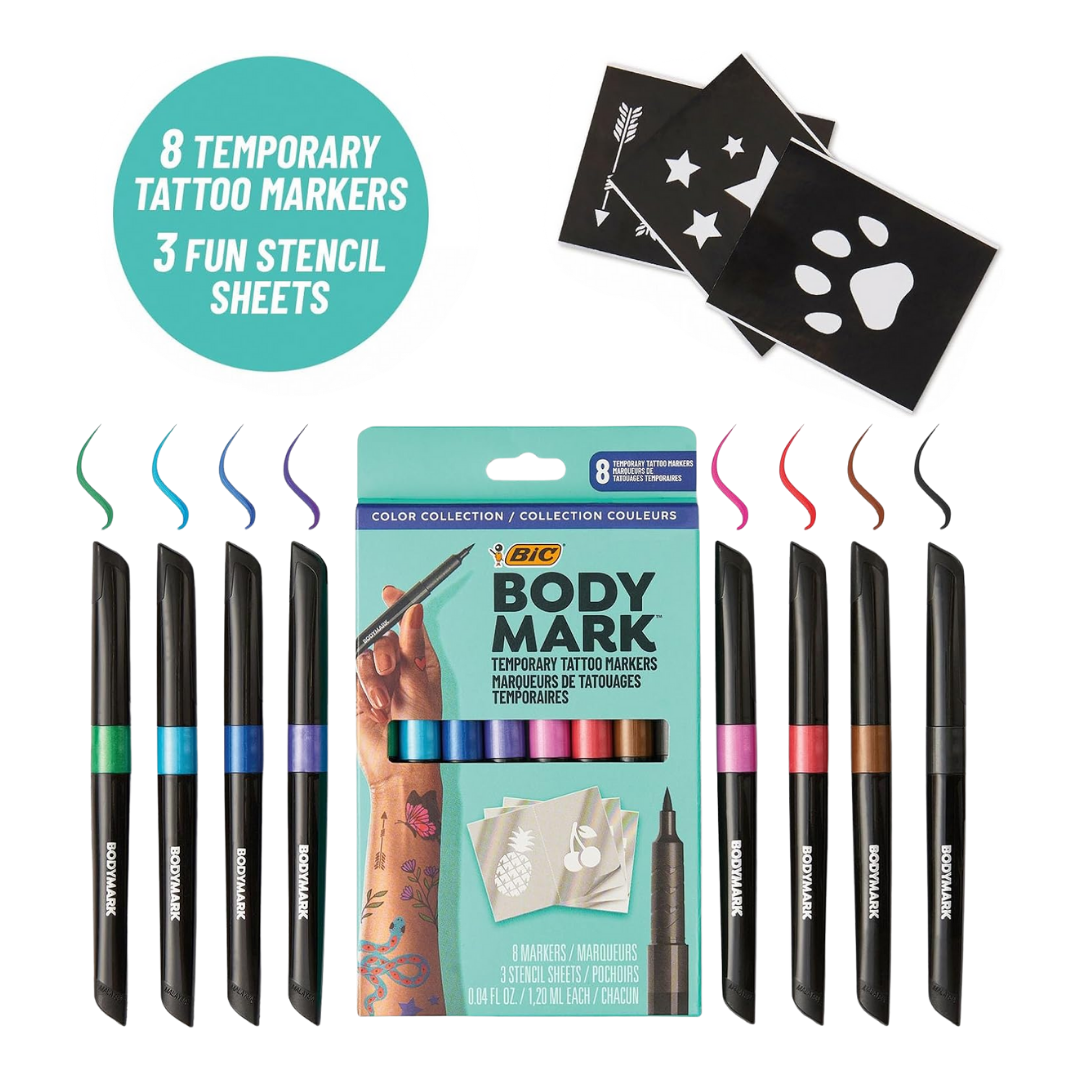 A set of cosmetic-quality temporary tattoo markers with flexible felt tips in assorted bright colors, arranged in retail packaging.