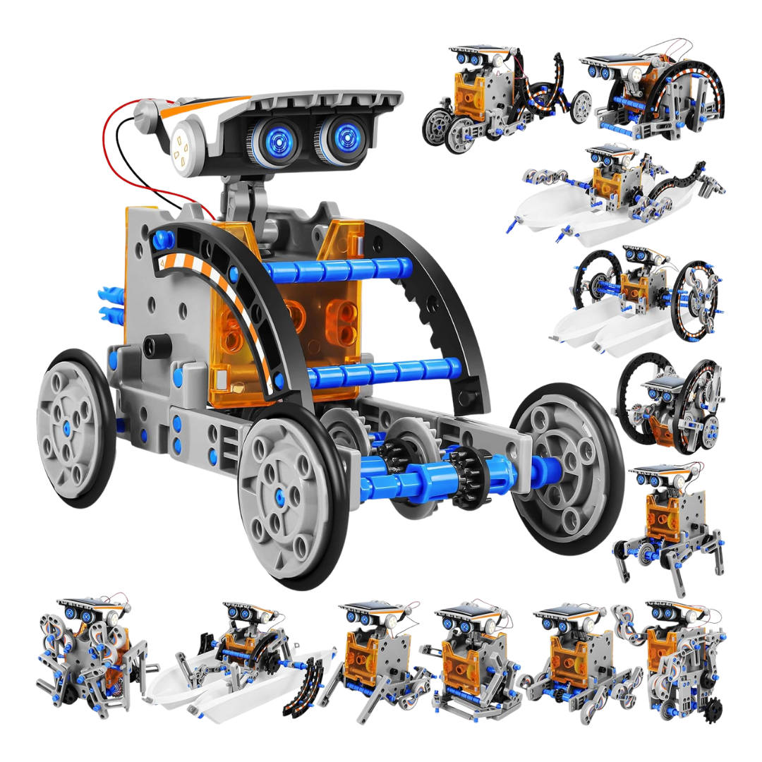 A buildable STEM robot kit with assorted gears, wheels, and parts for creating multiple solar-powered robot designs.
