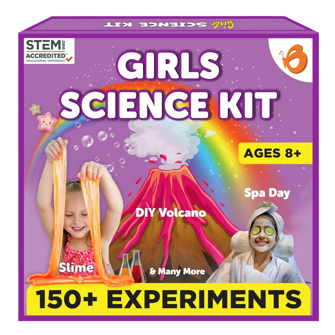 A girls science kit featuring colorful experiment tools, creative molds, and safety goggles displayed for hands-on STEM learning.