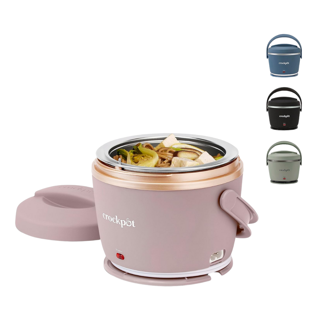 A portable, electric lunch box with a matte, modern design and soft-touch exterior, shown with a detachable cord and sealable lid.