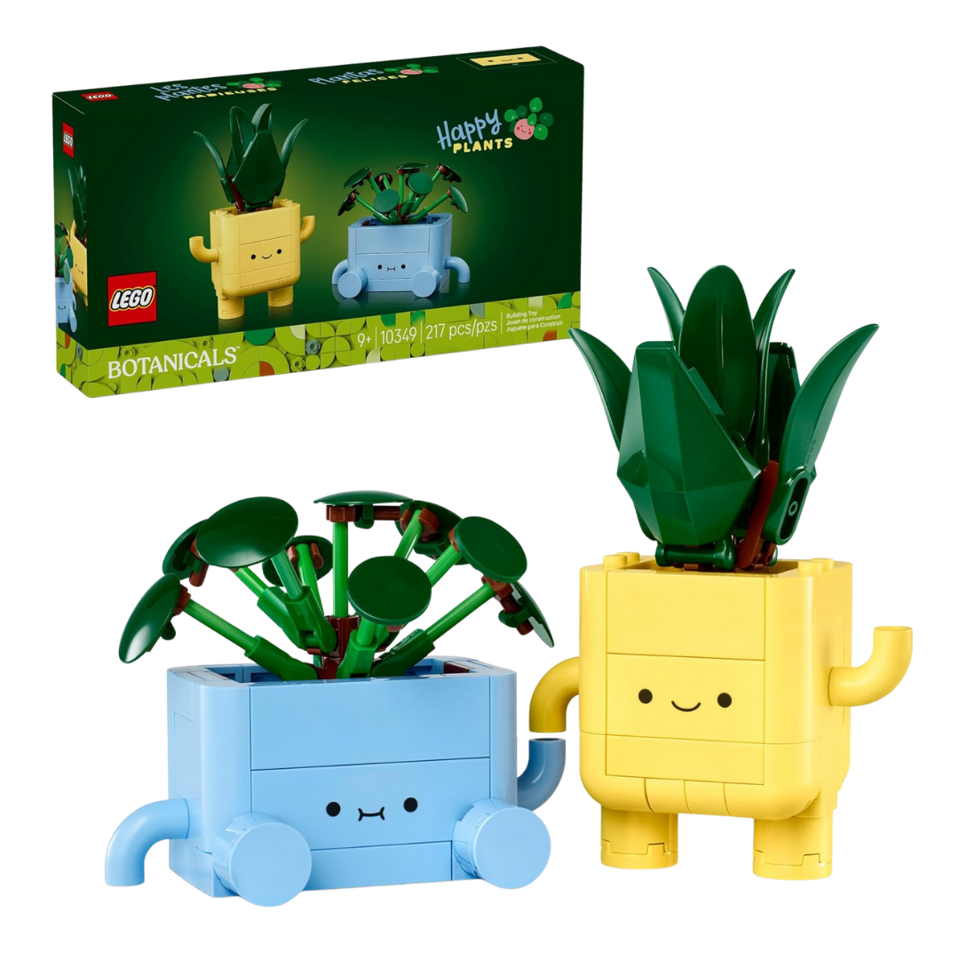 LEGO Botanicals Happy Plants Building Toys set with brick-built baby dracaena and pilea plants in smiling pots for desk or shelf decor.