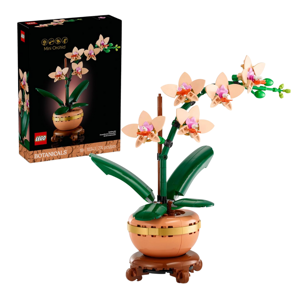 A lifelike LEGO orchid with delicate peach blooms, green leaves, and a terracotta-style pot displayed on a desk.