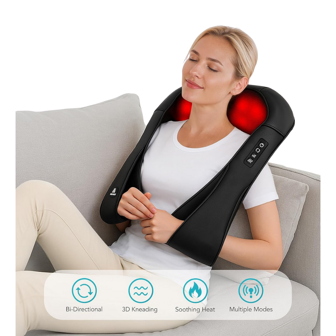 A U-shaped neck and shoulder massager with deep-kneading massage nodes and a soft fabric cover, designed for pain relief and relaxation.