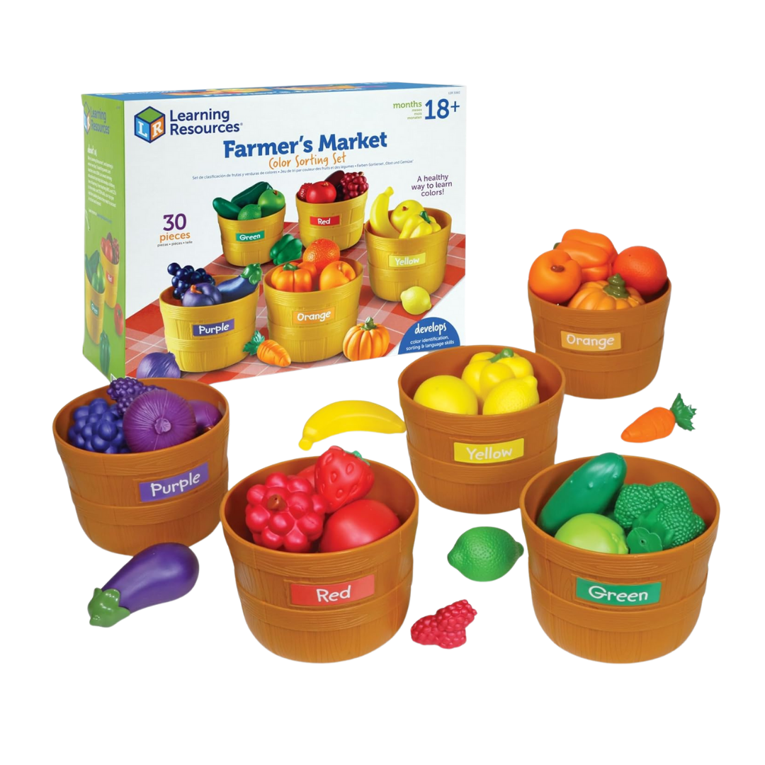 A set of colorful, realistic play fruits and vegetables with matching baskets, designed for hands-on sorting and stacking activities.
