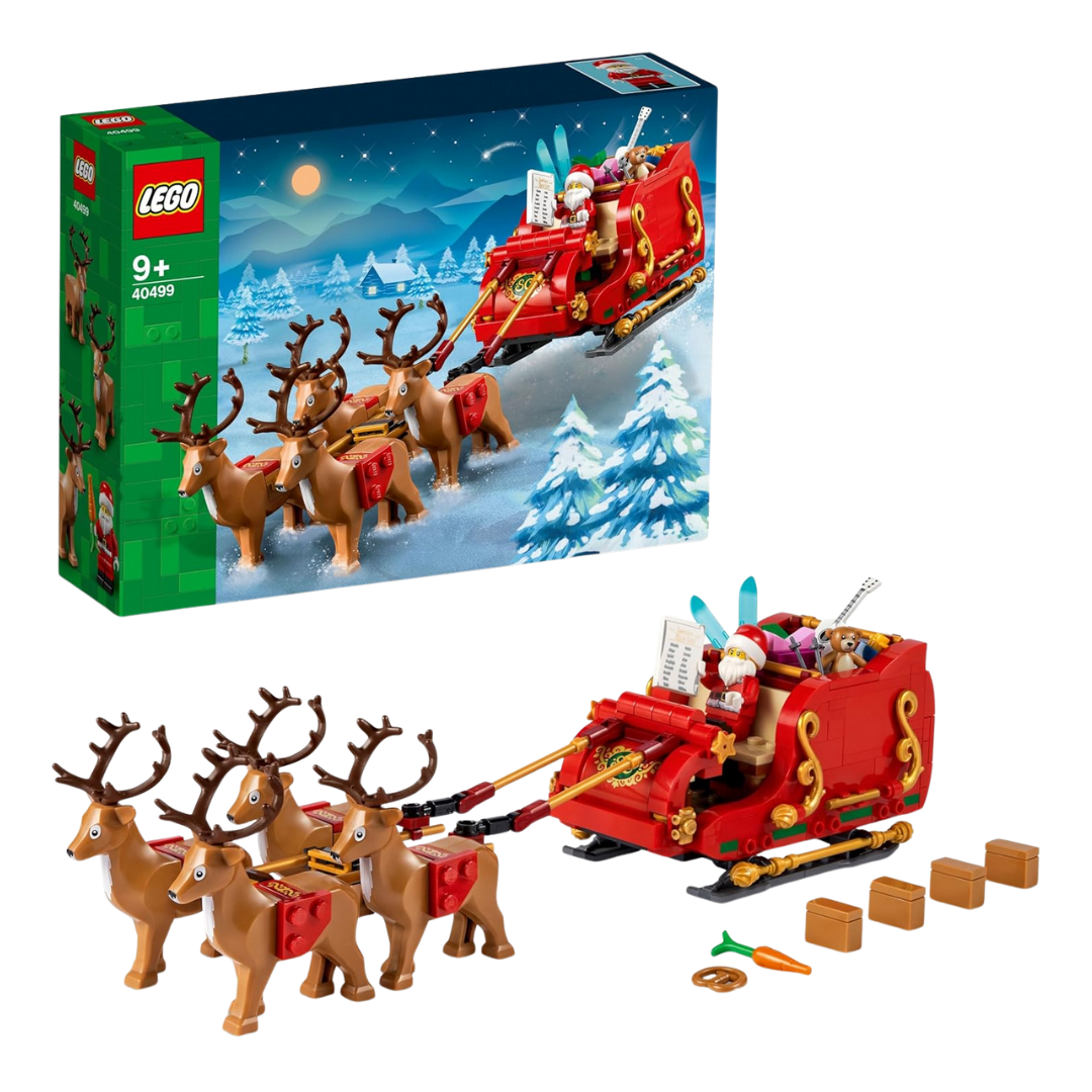 A festive LEGO Santa’s Sleigh set with a Santa figurine, reindeer, wrapped gifts, skis, a guitar, and a teddy bear.
