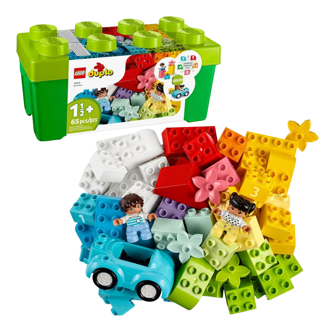 A colorful set of large, easy-to-grip building blocks, toy car, figures, and number bricks in a reusable storage box for toddlers.