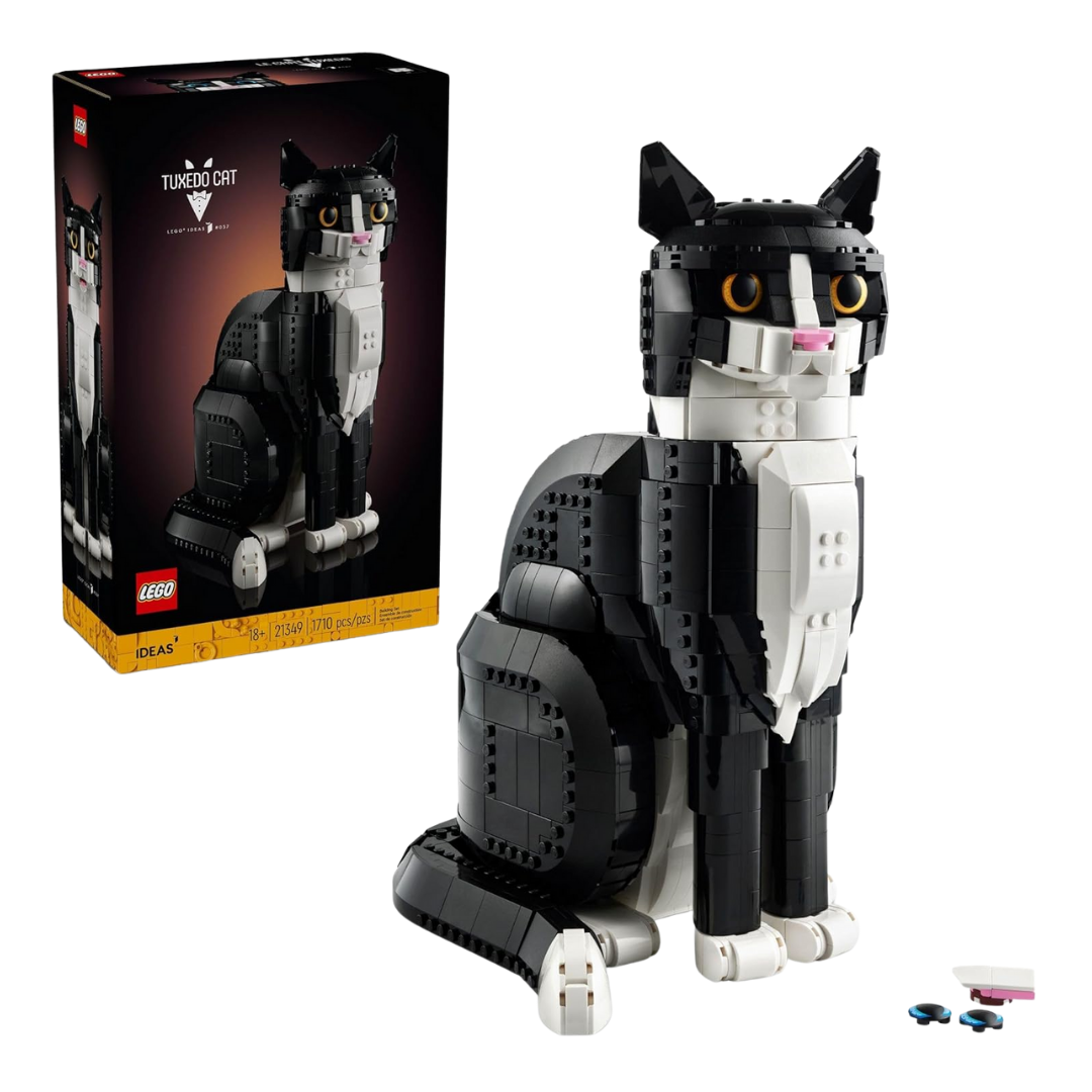 A lifelike tuxedo cat statue built from interlocking bricks with adjustable head, ears, paws, and tail for different poses.