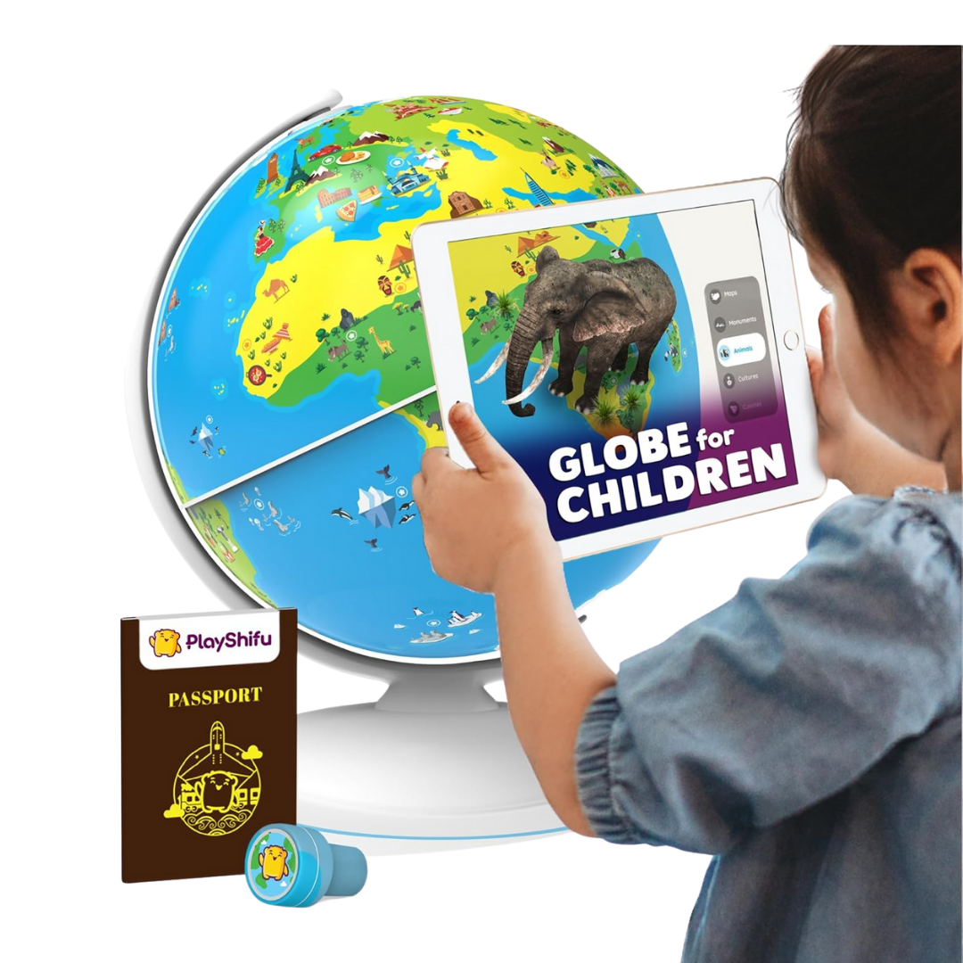 A children’s interactive globe with colorful country illustrations, a passport, stickers, and stamps set on a tabletop.