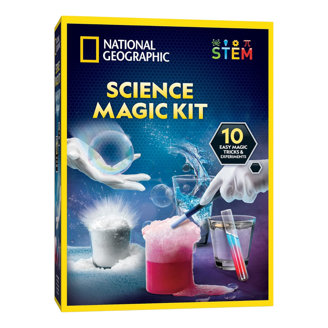 A science kit for kids featuring experiment tools, a magic wand, and white gloves, designed for performing hands-on magic tricks.