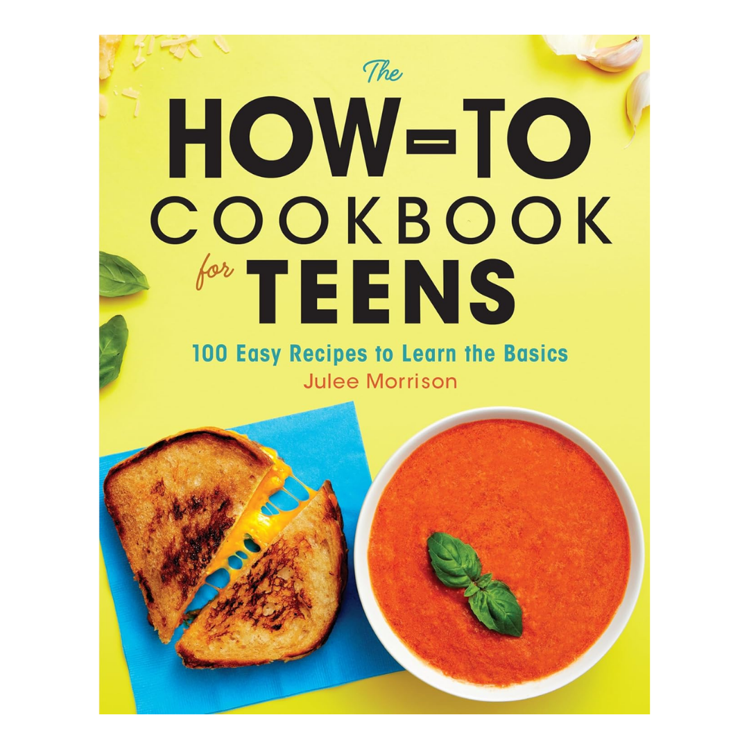 A paperback copy of "The How-To Cookbook for Teens" featuring a colorful cover with images of simple dishes, displayed on a kitchen countertop.