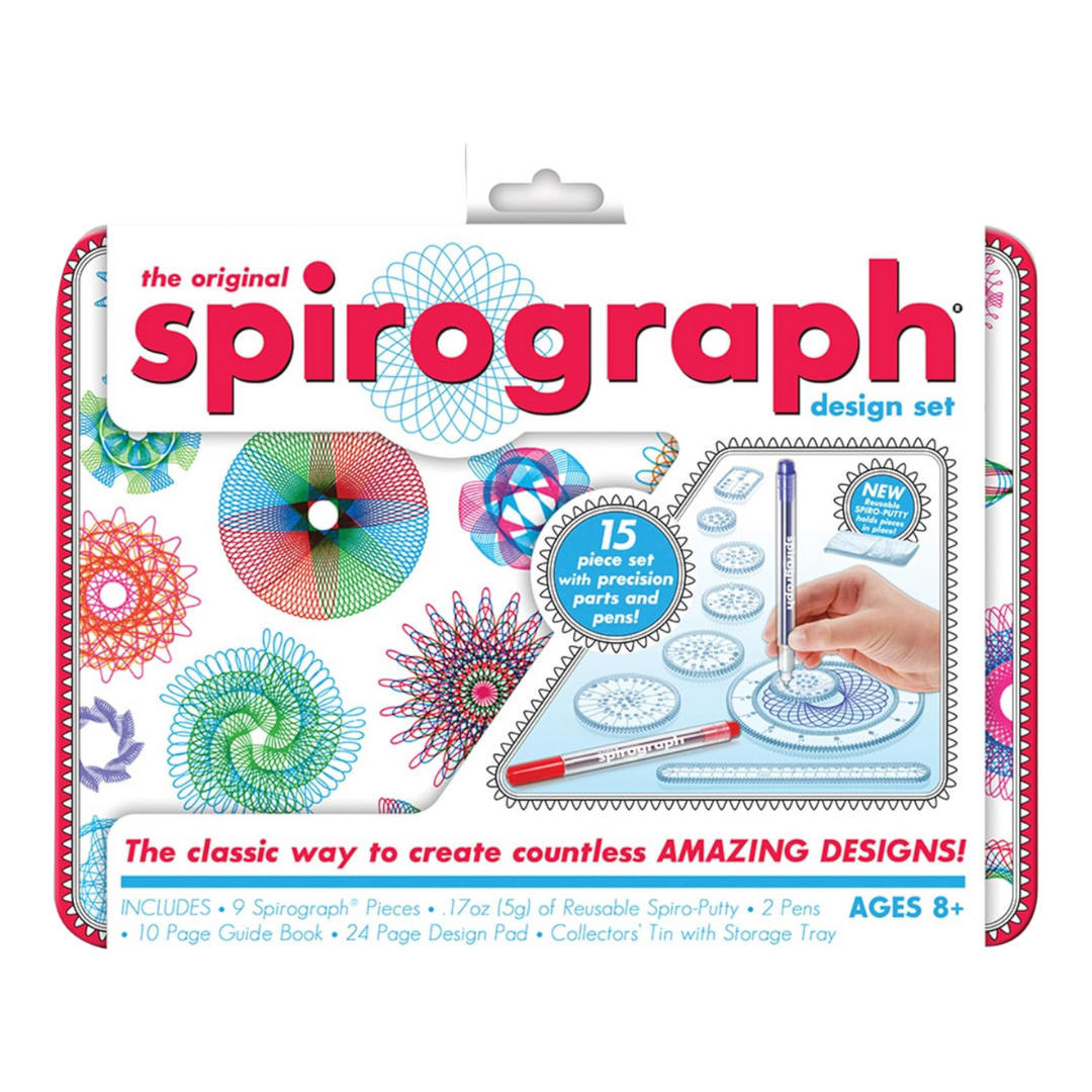 A Spirograph design set in a metal collector’s tin, shown with spiral gears, pens, and a design booklet for drawing art.