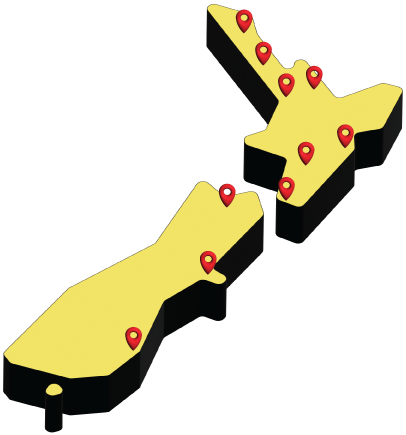 3D map of New Zealand, pin pointing every city that has a Timezone facility