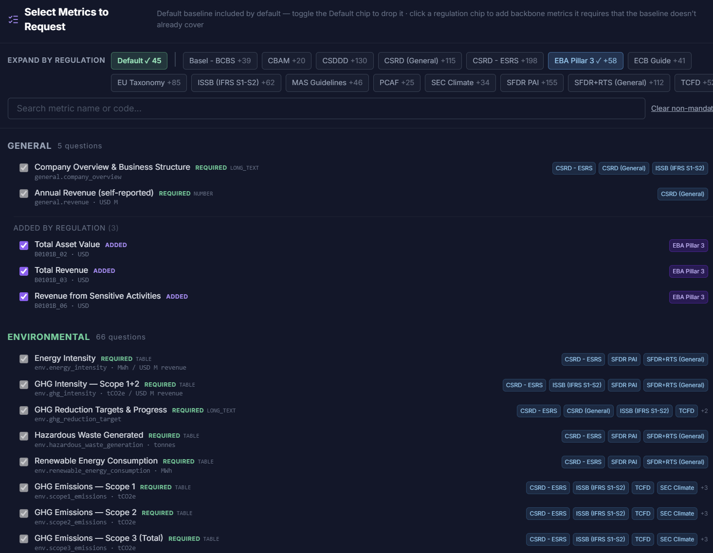i-Collector: Select Metrics to Request, expanding the request by regulation (CSRD, ISSB, SFDR, EBA Pillar 3) with each regulation's required backbone metrics added and tagged