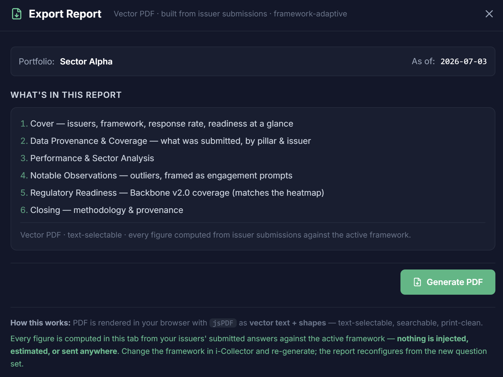 Export Report: vector PDF built from issuer submissions, framework-adaptive, with nothing injected, estimated, or sent anywhere