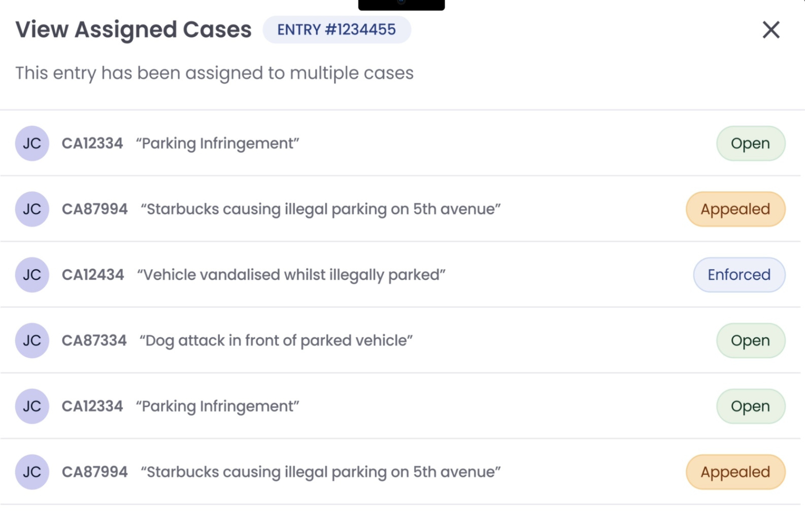 CaseFile assigned cases view with status badges