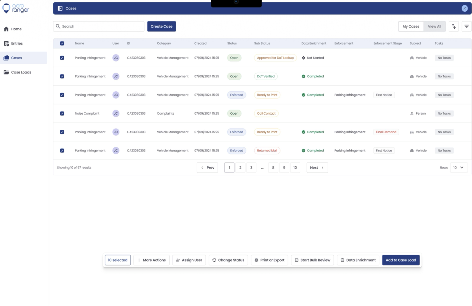 CaseFile case list with bulk operations