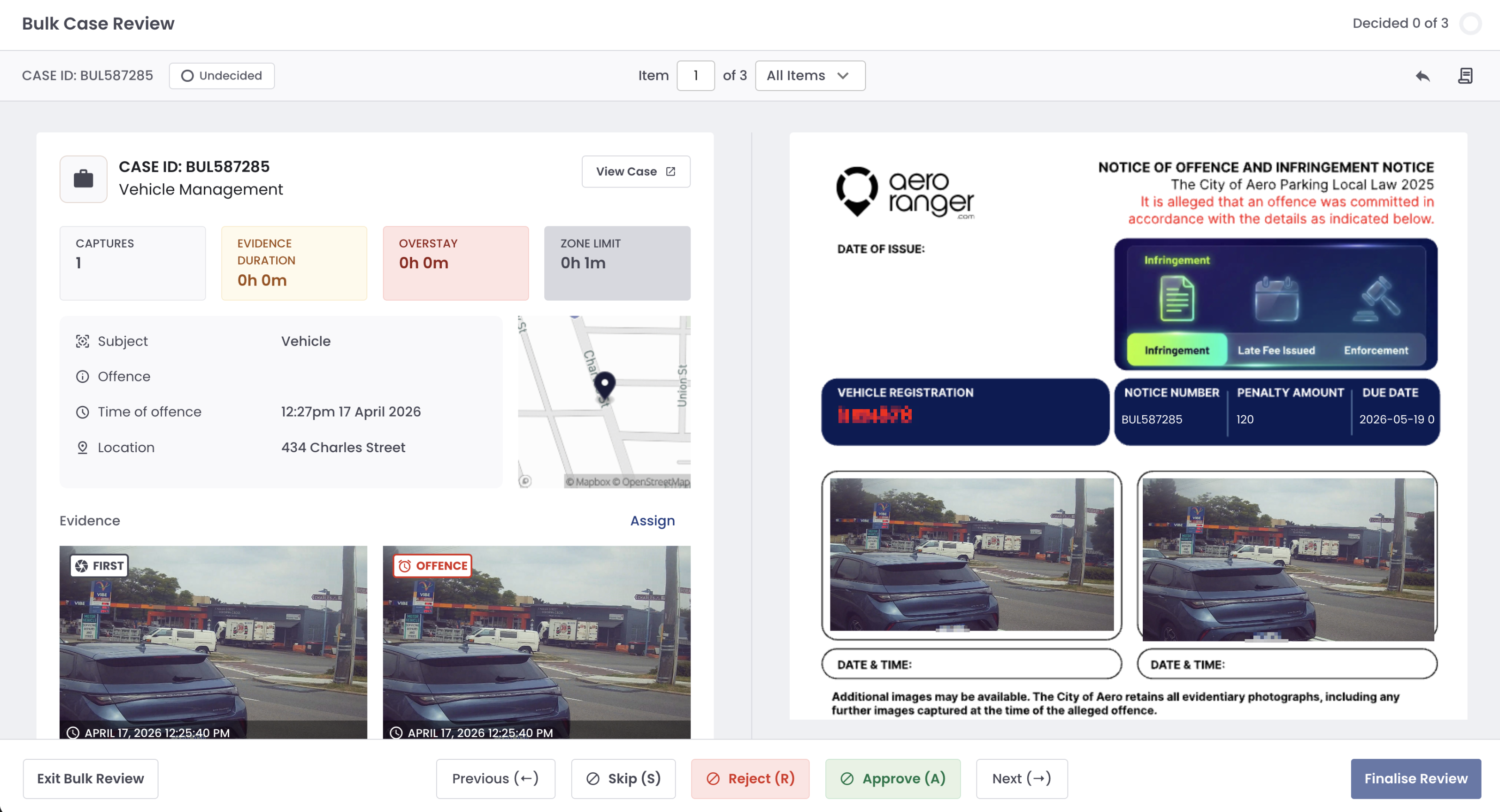 CaseFile bulk case review — evidence and infringement notice side by side