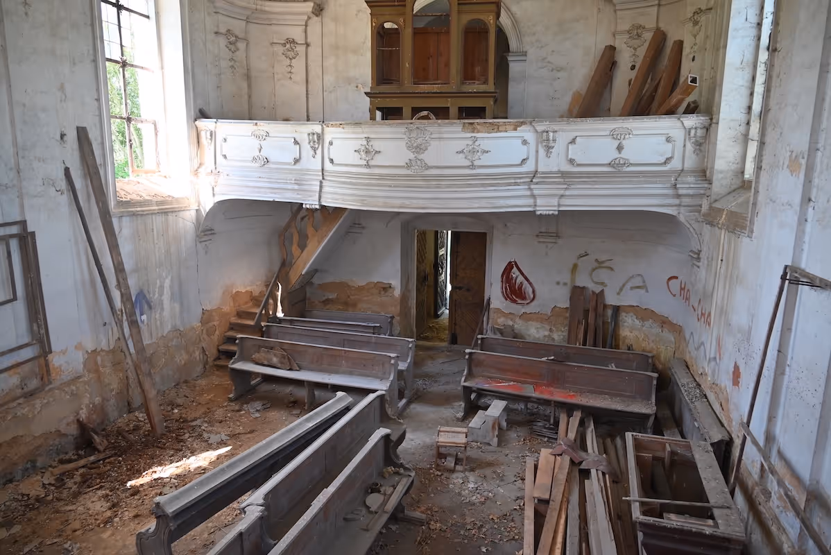 damaged interior of church