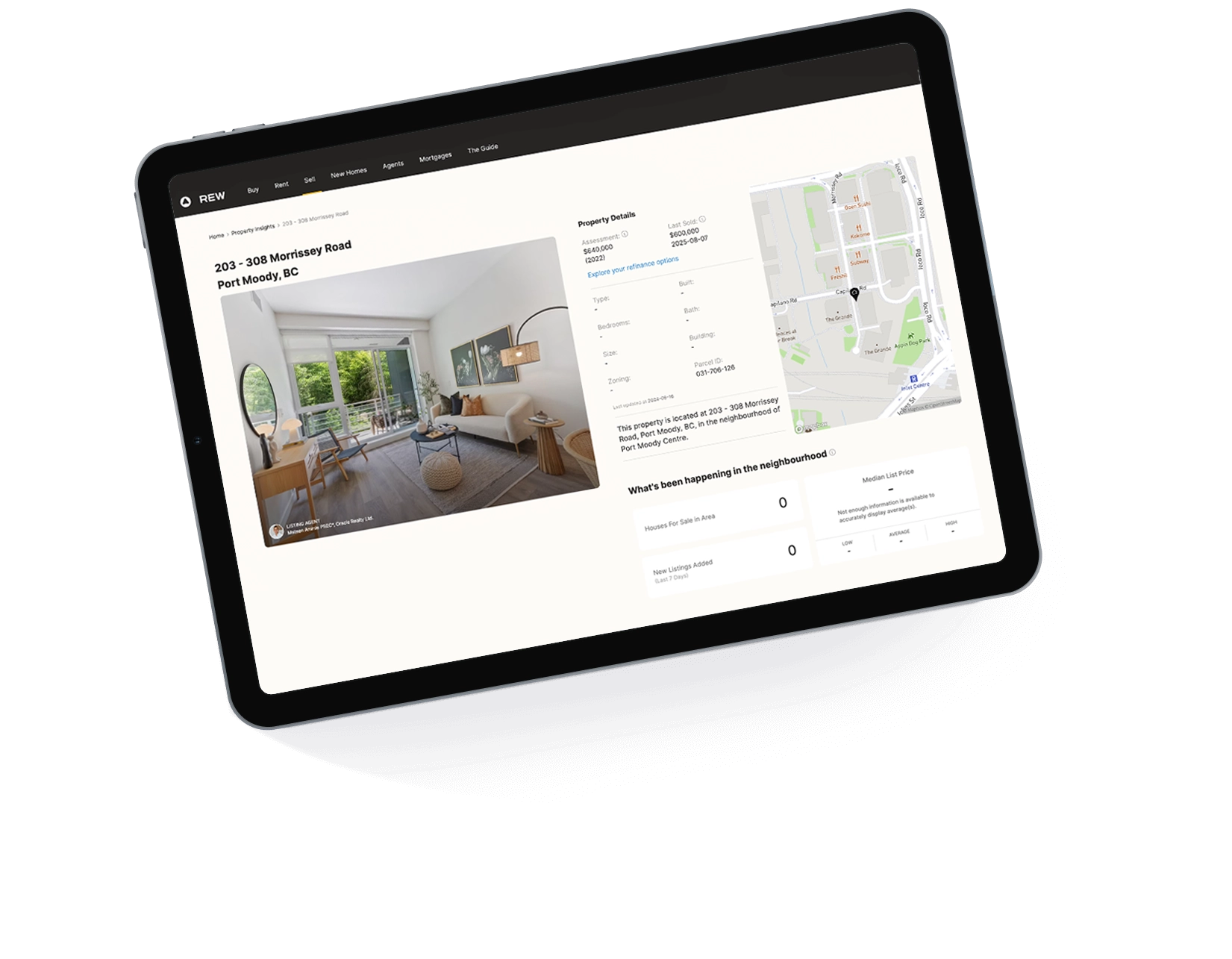 Tablet displaying a real estate listing for 203-308 Morrissey Road, Port Moody, BC, showing a living room photo, property details, and a neighborhood map.