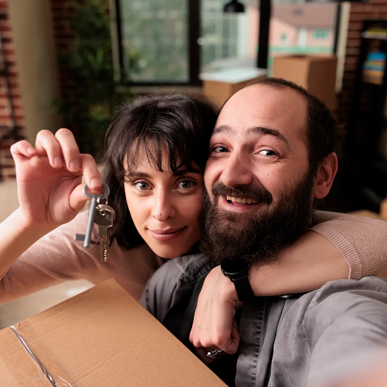 Smiling couple holding house keys and embracing, with a moving box in the foreground.