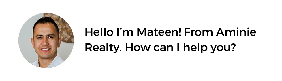 Portrait of a smiling man with short dark hair, greeting text says, 'Hello I’m Mateen! From Aminie Realty. How can I help you?'