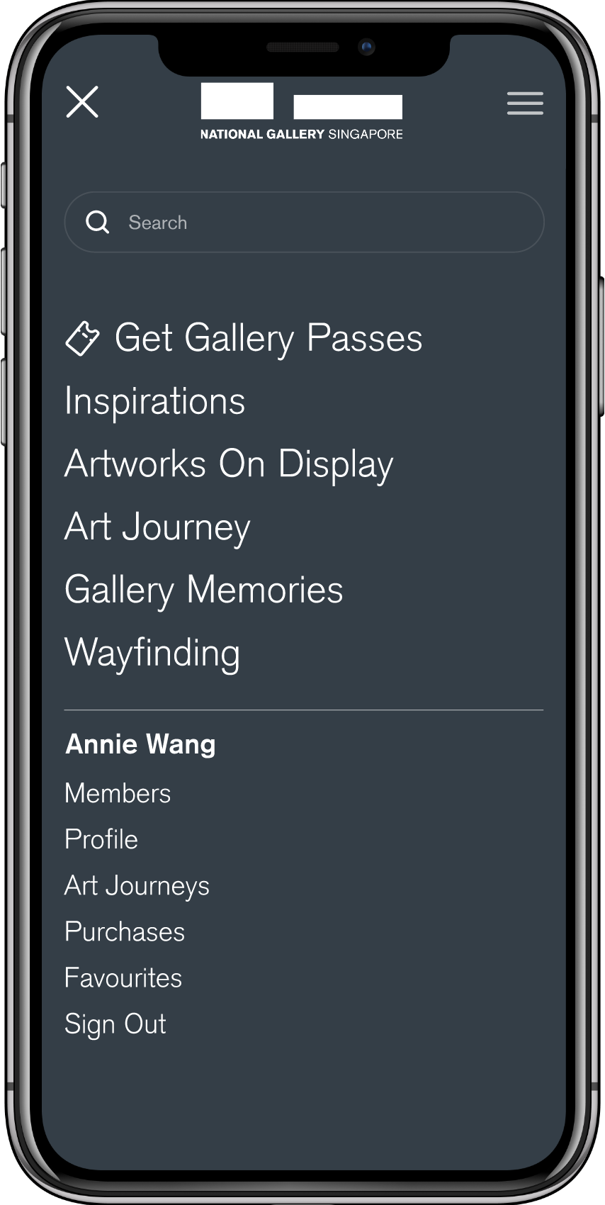 Mobile menu screen from National Gallery Singapore showing navigation options like Get Gallery Passes, Inspirations, Artworks On Display, Art Journey, Gallery Memories, Wayfinding, and a user section for Annie Wang with profile and sign out links.