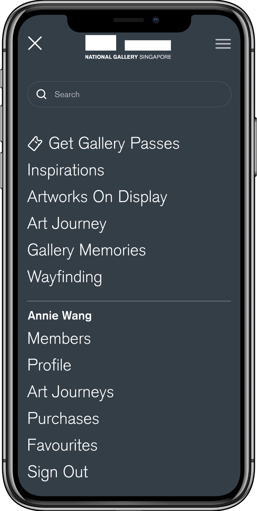 Revised Mobile screen showing National Gallery Singapore menu with options like Get Gallery Passes, Inspirations, Artworks On Display, Art Journey, Gallery Memories, Wayfinding, and user section with Members, Profile, Art Journeys, Purchases, Favourites, Sign Out.
