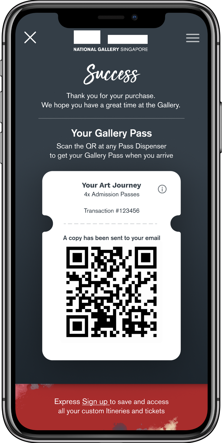 Mobile screen showing National Gallery Singapore purchase success with 4 admission passes and a QR code for gallery entry.