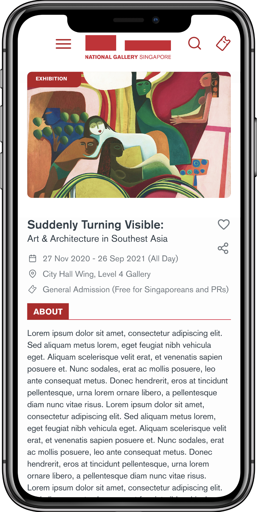 Mobile screen showing National Gallery Singapore exhibition 'Suddenly Turning Visible: Art & Architecture in Southeast Asia' with event details and a colorful abstract painting of human figures.