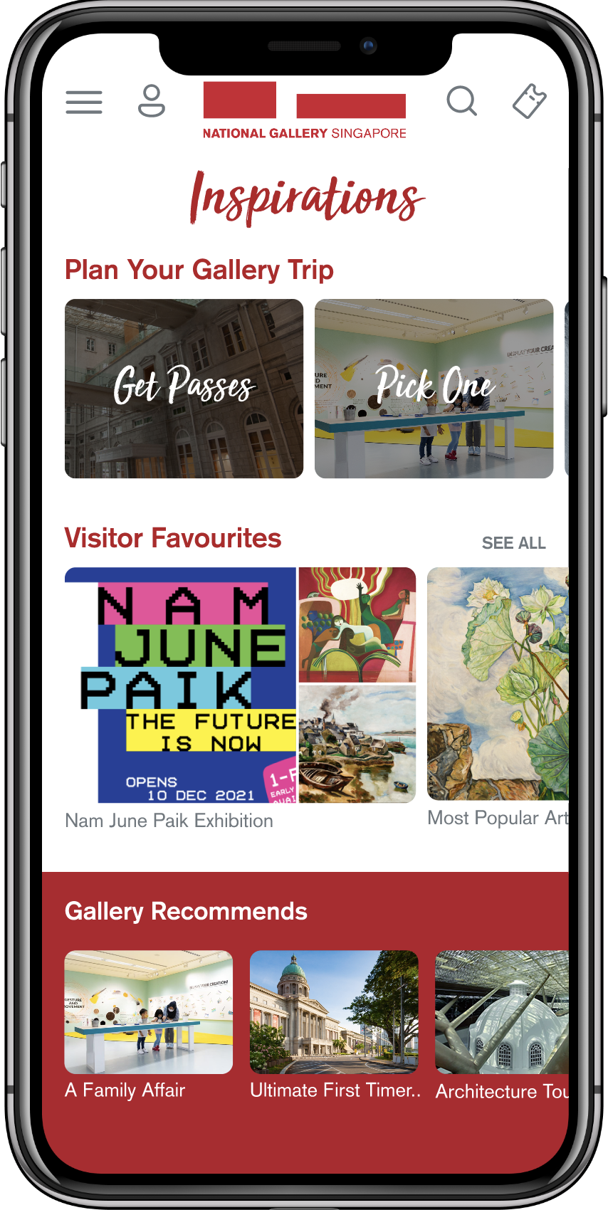 Revised National Gallery Singapore app screen showing sections for gallery trip planning, visitor favorites with artwork images, and gallery recommends with event previews.