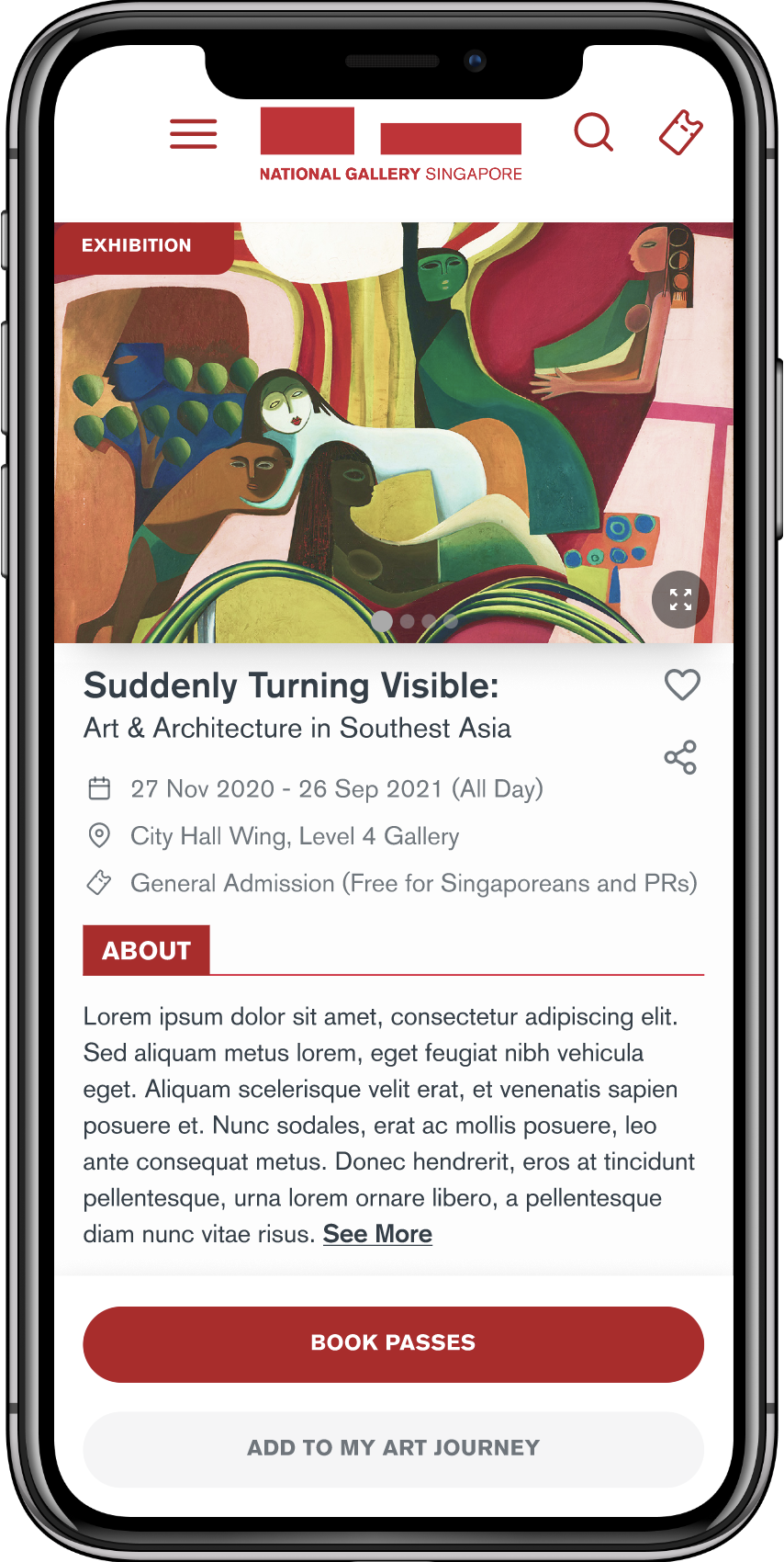 Revised Mobile screen showing National Gallery Singapore's exhibition page for 'Suddenly Turning Visible: Art & Architecture in Southeast Asia' with dates, location, admission info, and booking button.