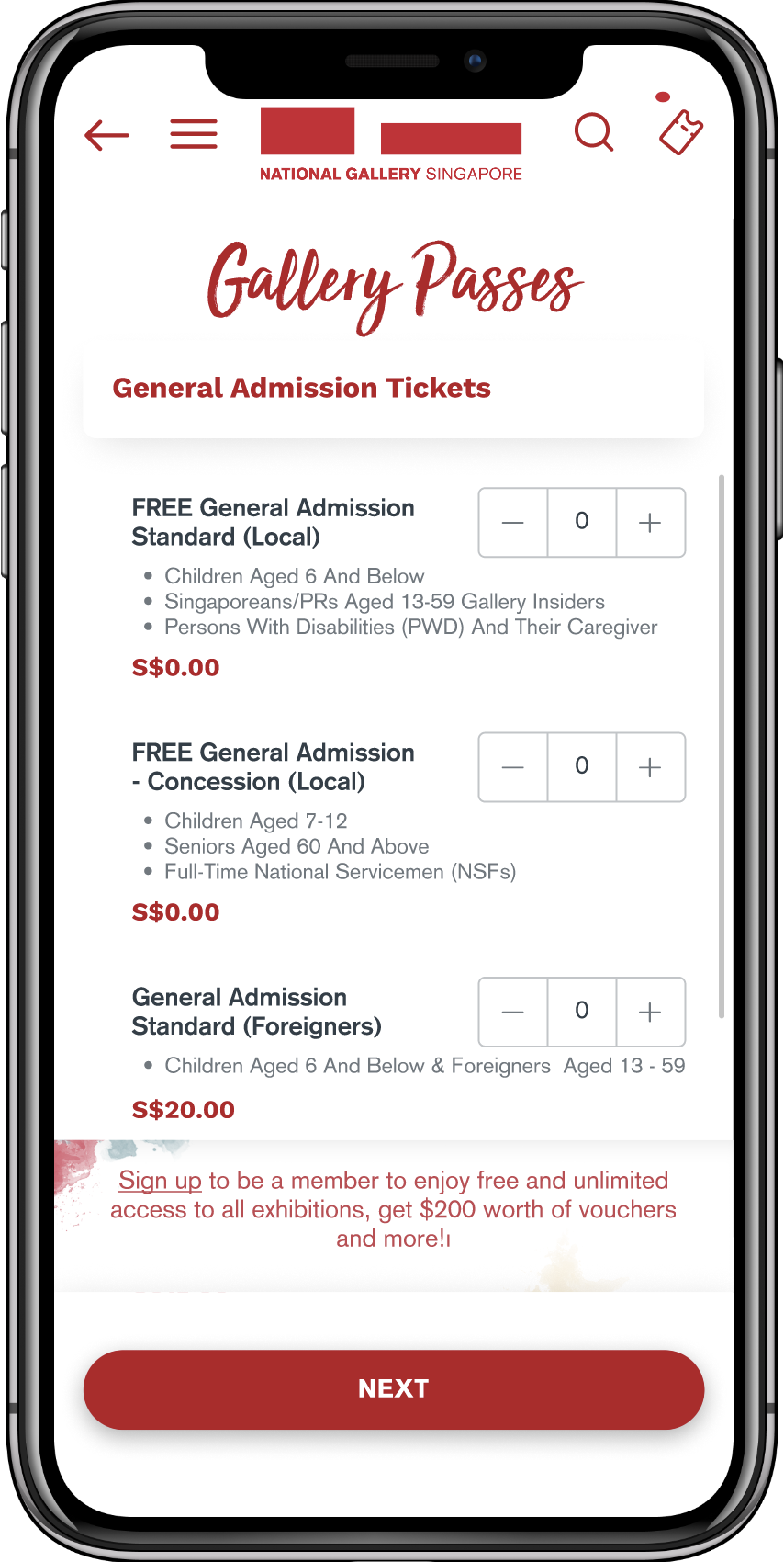 Revised Mobile screen showing National Gallery Singapore Gallery Passes for General Admission Tickets with options for free standard local, free concession local, and paid standard foreigner tickets, plus a red Next button.