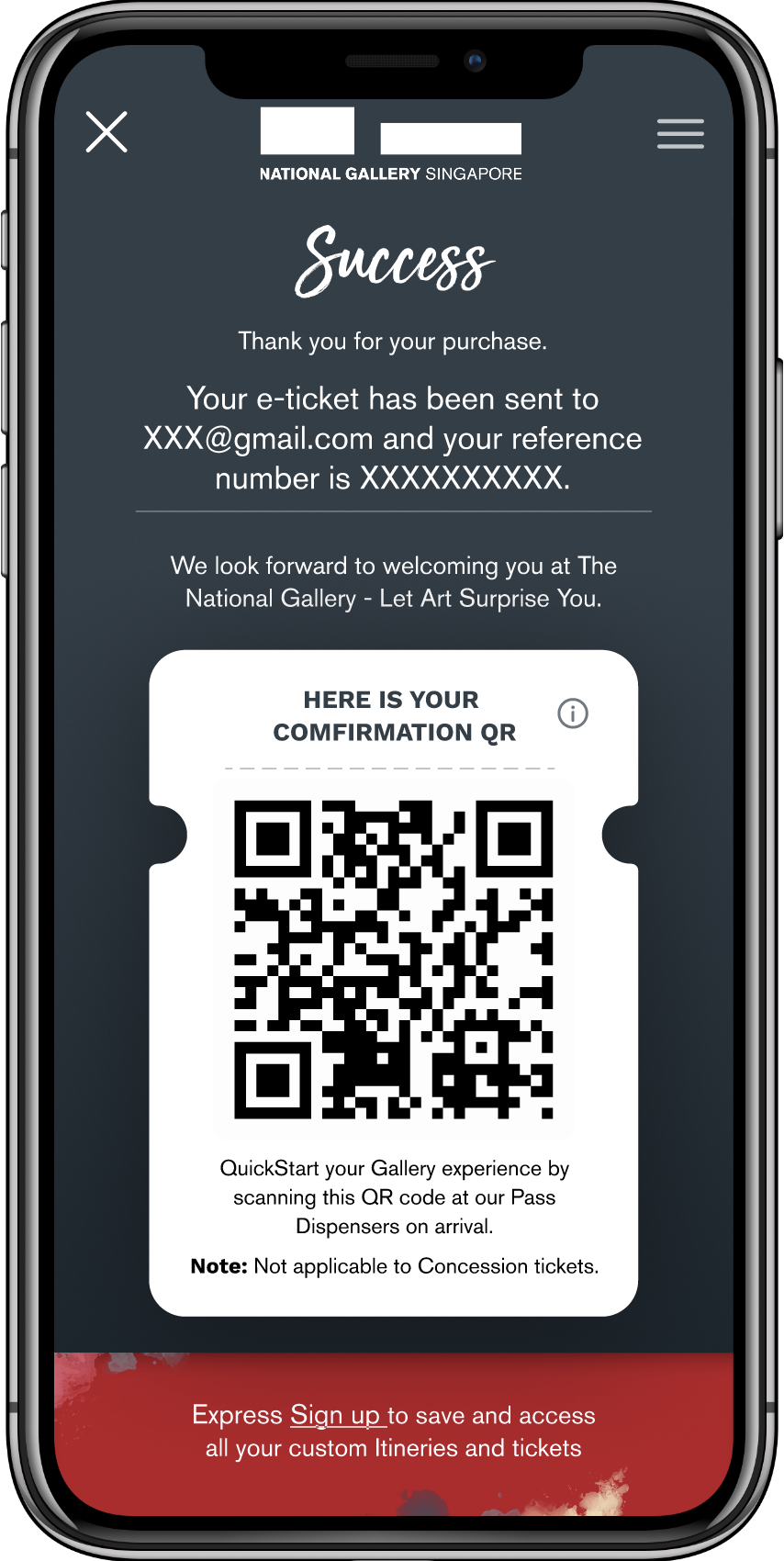 Revised Mobile screen showing National Gallery Singapore e-ticket purchase success message with a QR code for confirmation and instructions to scan at Pass Dispensers.