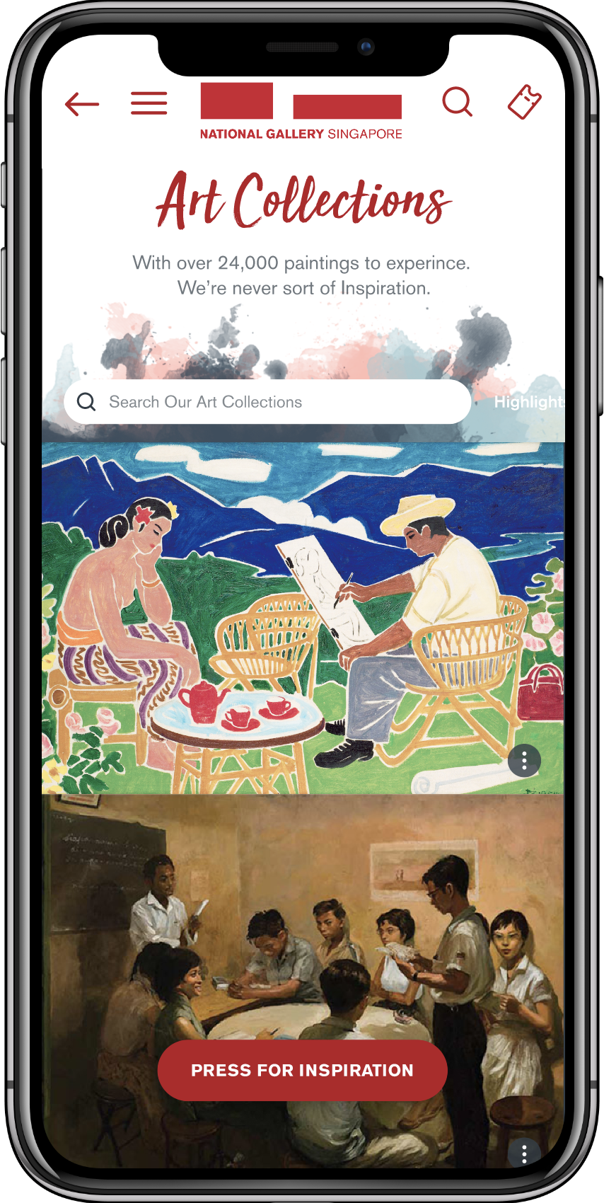 Revised Mobile screen showing National Gallery Singapore Art Collections page with colorful paintings and a search bar.