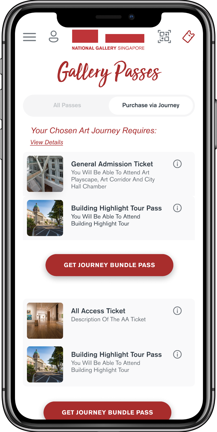 Mobile screen showing National Gallery Singapore app with options for Gallery Passes, including General Admission Ticket, Building Highlight Tour Pass, and All Access Ticket with red buttons to get journey bundle pass.