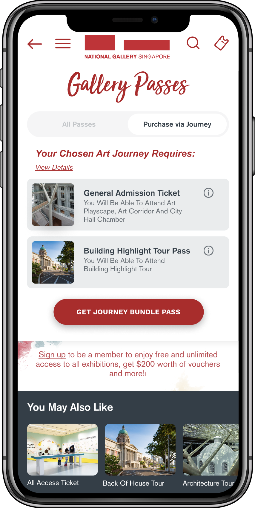 Revised Mobile screen showing National Gallery Singapore Gallery Passes page with options for General Admission Ticket and Building Highlight Tour Pass, and a button to get a Journey Bundle Pass.
