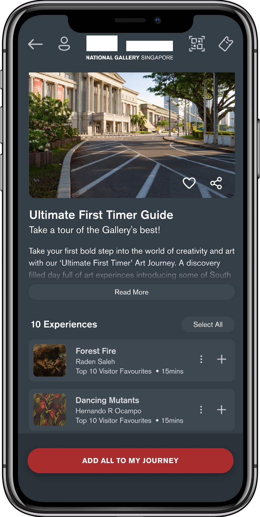 Smartphone screen showing National Gallery Singapore app with an 'Ultimate First Timer Guide' tour featuring art experiences 'Forest Fire' by Raden Saleh and 'Dancing Mutants' by Hernando R Ocampo.