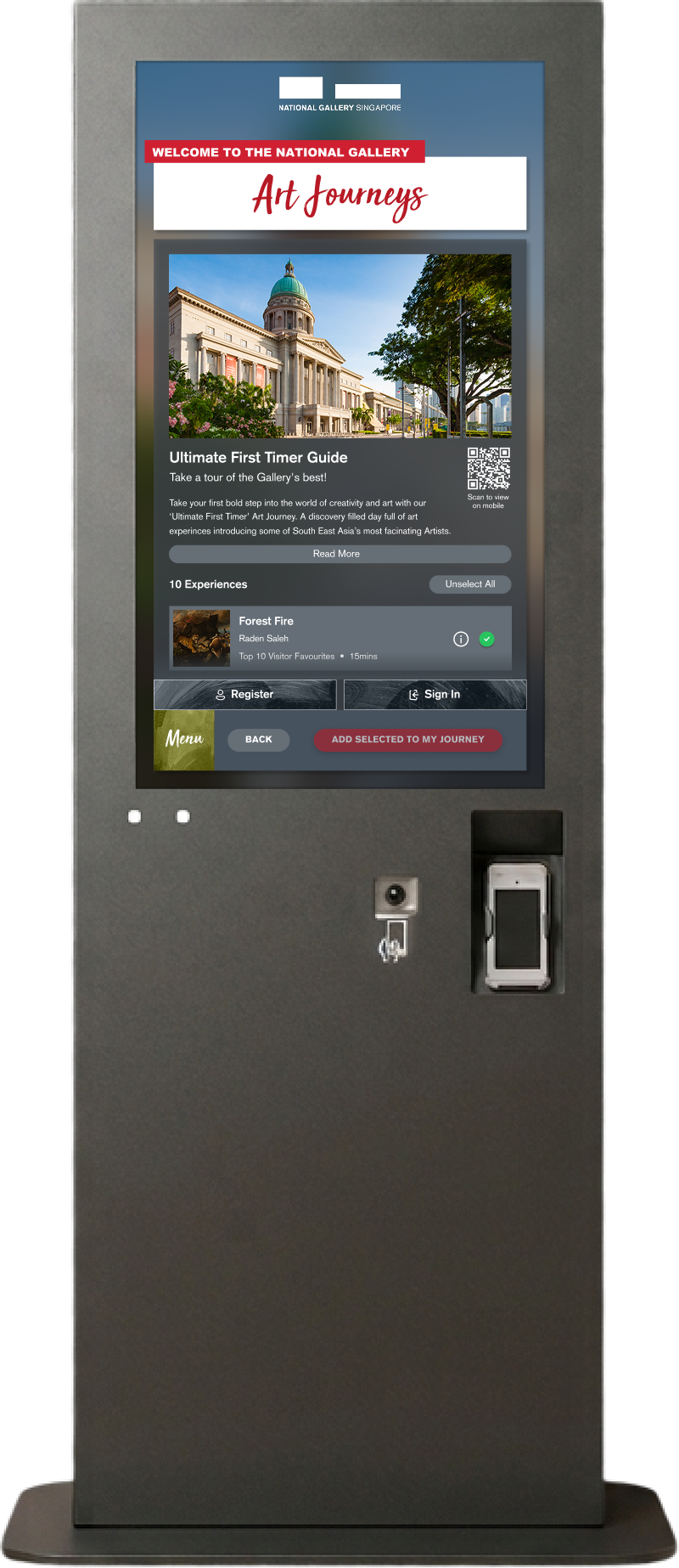Interactive kiosk screen at National Gallery Singapore displaying 'Art Journeys' with an ultimate first timer guide, an image of the gallery building, and an option to add 'Forest Fire' experience to the journey.