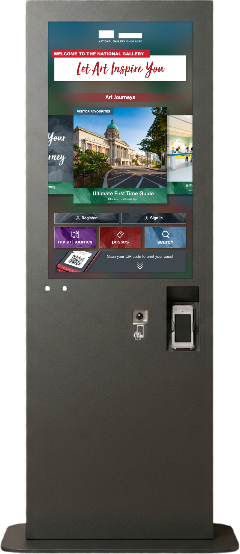 Interactive kiosk screen displaying National Gallery Singapore welcome message, art journey options, and buttons for register, sign in, my art journey, passes, and search with QR code scan prompt.