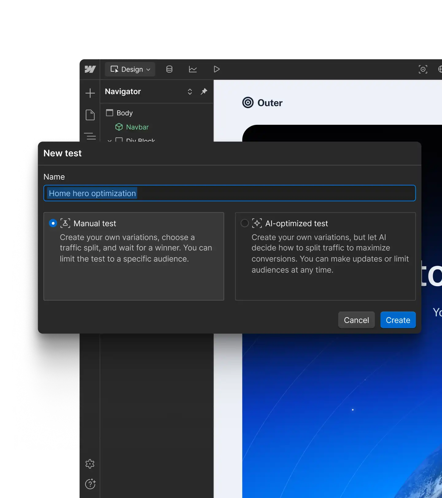 Webflow Optimize experiment creation modal showing traditional and AI-powered test options