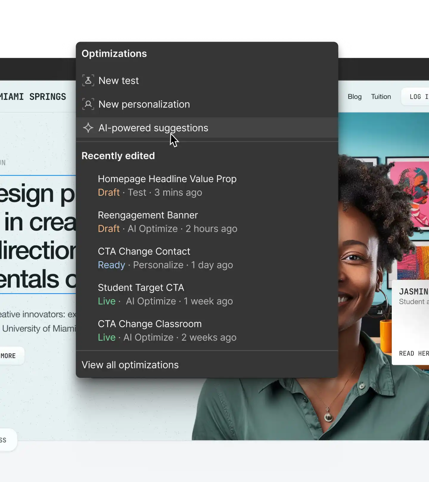 Webflow Optimize showing on-page optimisations with AI-generated variant suggestions