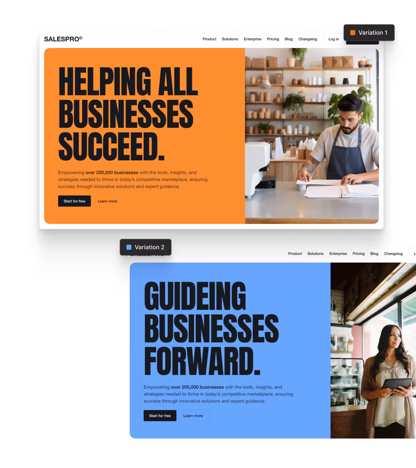 Webflow Optimize A/B test showing two page header variants with different backgrounds
