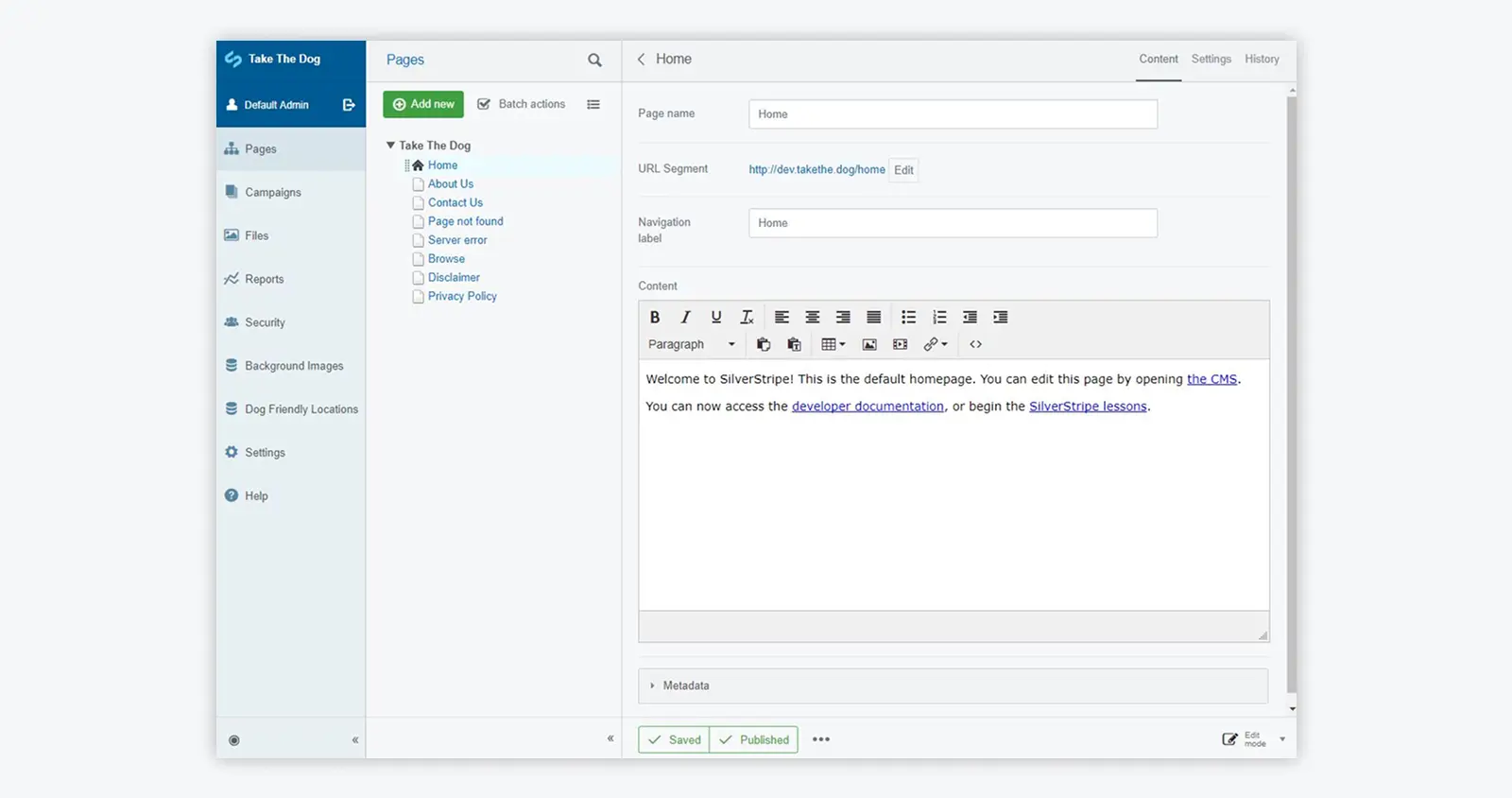 Silverstripe CMS interface