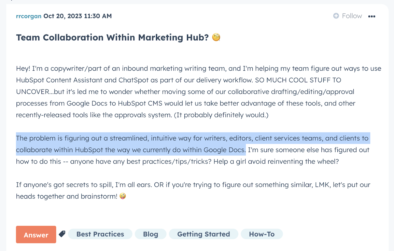 HubSpot community discussion about collaboration limitations
