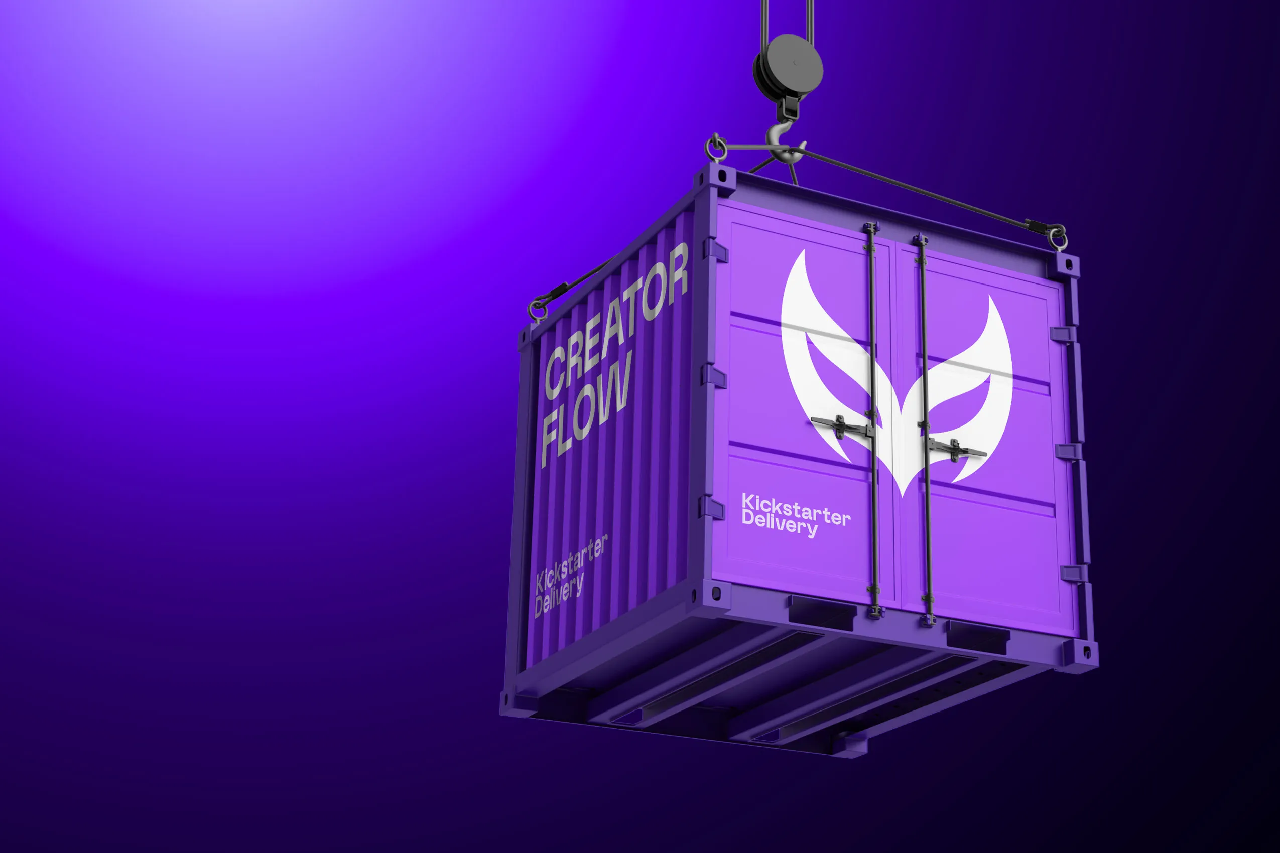 Frachtcontainer am Kran mit Creatorflow-Logo, Branding-Visual