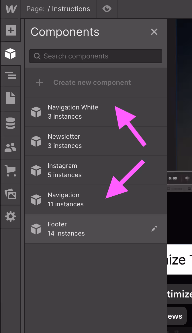 Components panel from a website builder showing a list of components with instances, including Navigation White, Newsletter, Instagram, Navigation, and Footer, with two magenta arrows pointing at Navigation White and Navigation.